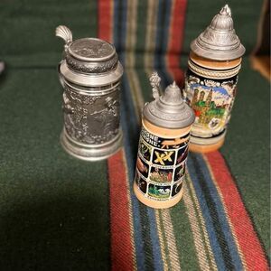 3 Large 20th Century German Ceramic n Steel Beer Stein with Lid